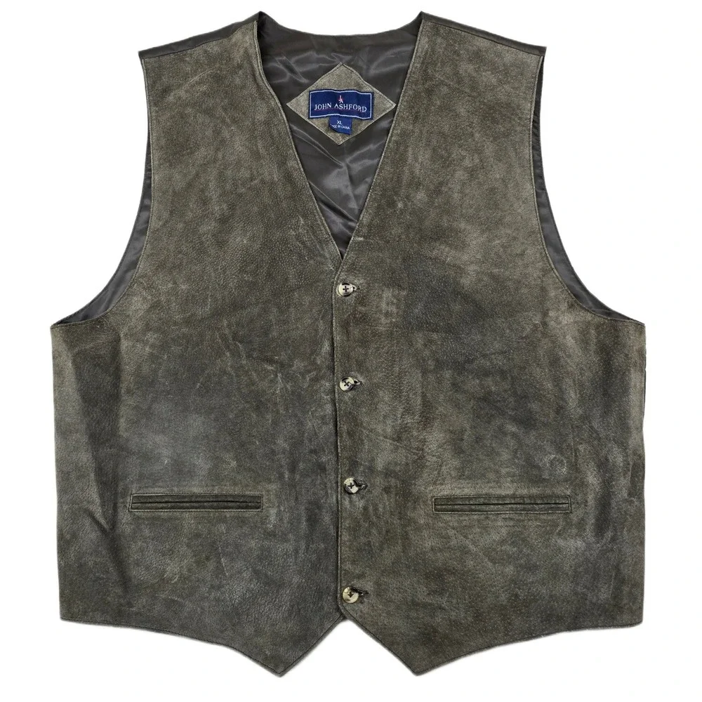 John Ashford Suede Leather Vest Mens XL Olive Green Button Front Cinch Back‎